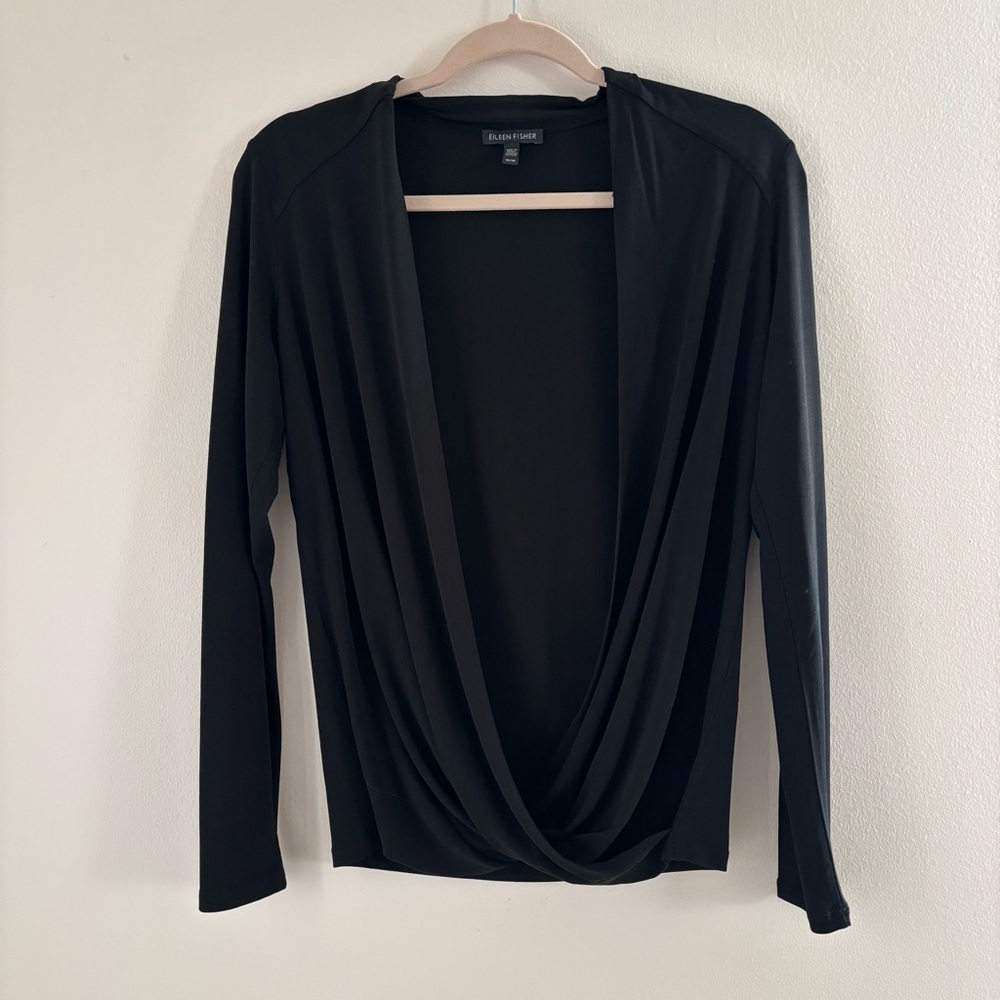 Eileen Fisher Black Silk Crossover Top Size M Long Sleeve V-Neck NWOT
